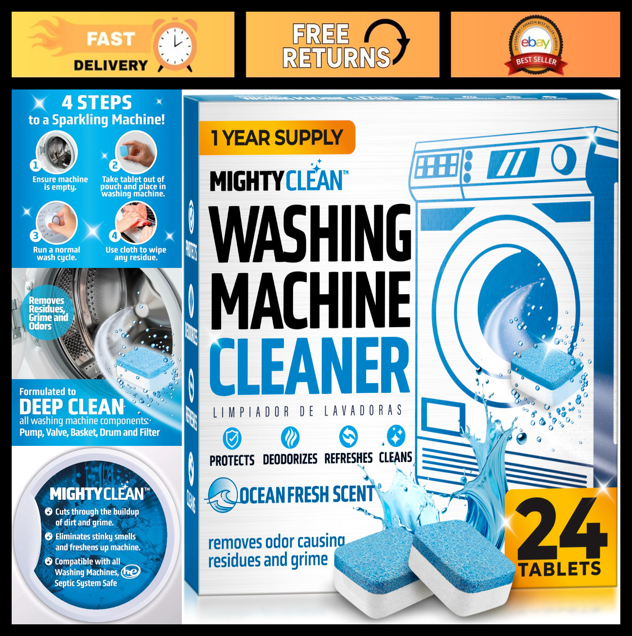 Washing Machine Cleaner Tablets 24 Pack – Septic Safe, HE Compatible, 1 Year Sup