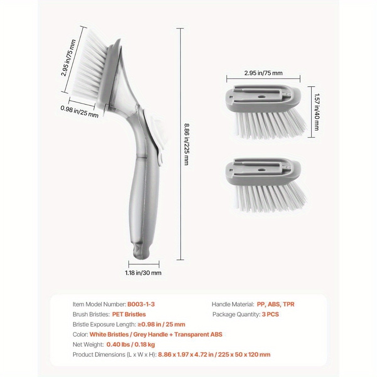 Soap Dispensing Dish Cleaning Brush with 3 Brush Head Set
