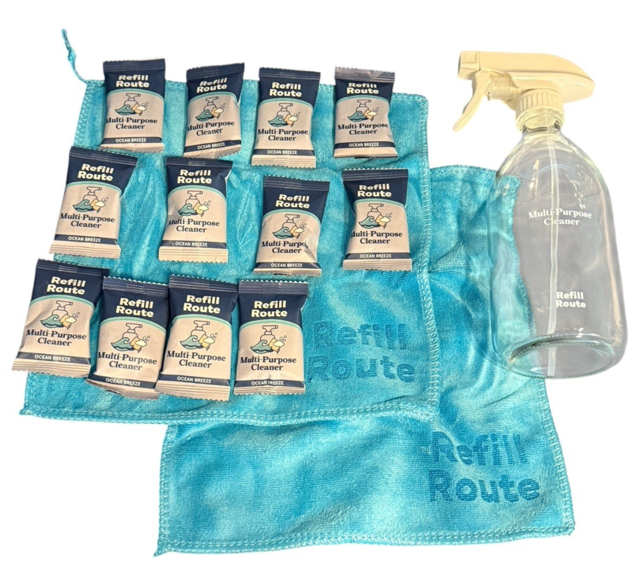 Multi-Purpose Cleaner/Degreaser Kit, Glass Spray Bottle, Towels + 12 Refill Tabs