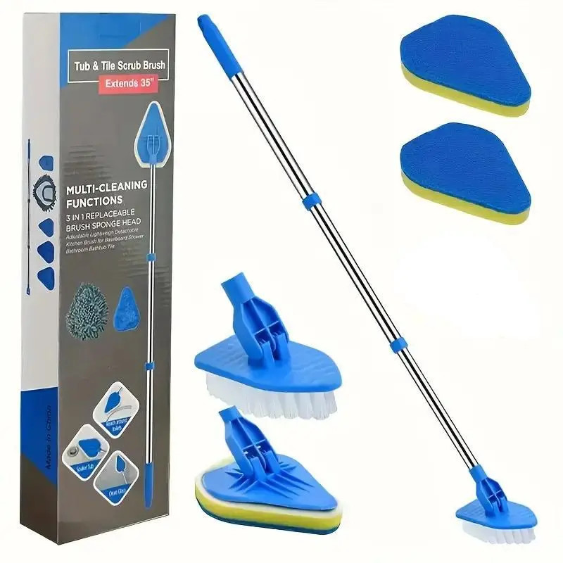 2 in 1 Retractable Bathroom Cleaning Brush Set 3 Sponge Heads Kitchen