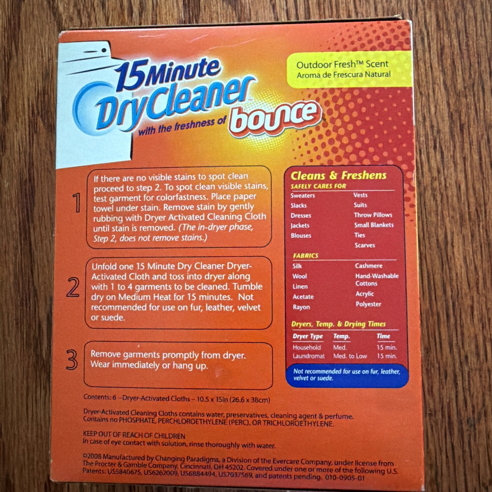 15 MINUTE DRYCLEANER W/ BOUNCE FRESHNESS – 6 CLEANING CLOTHS; UP TO 24 GARMENTS