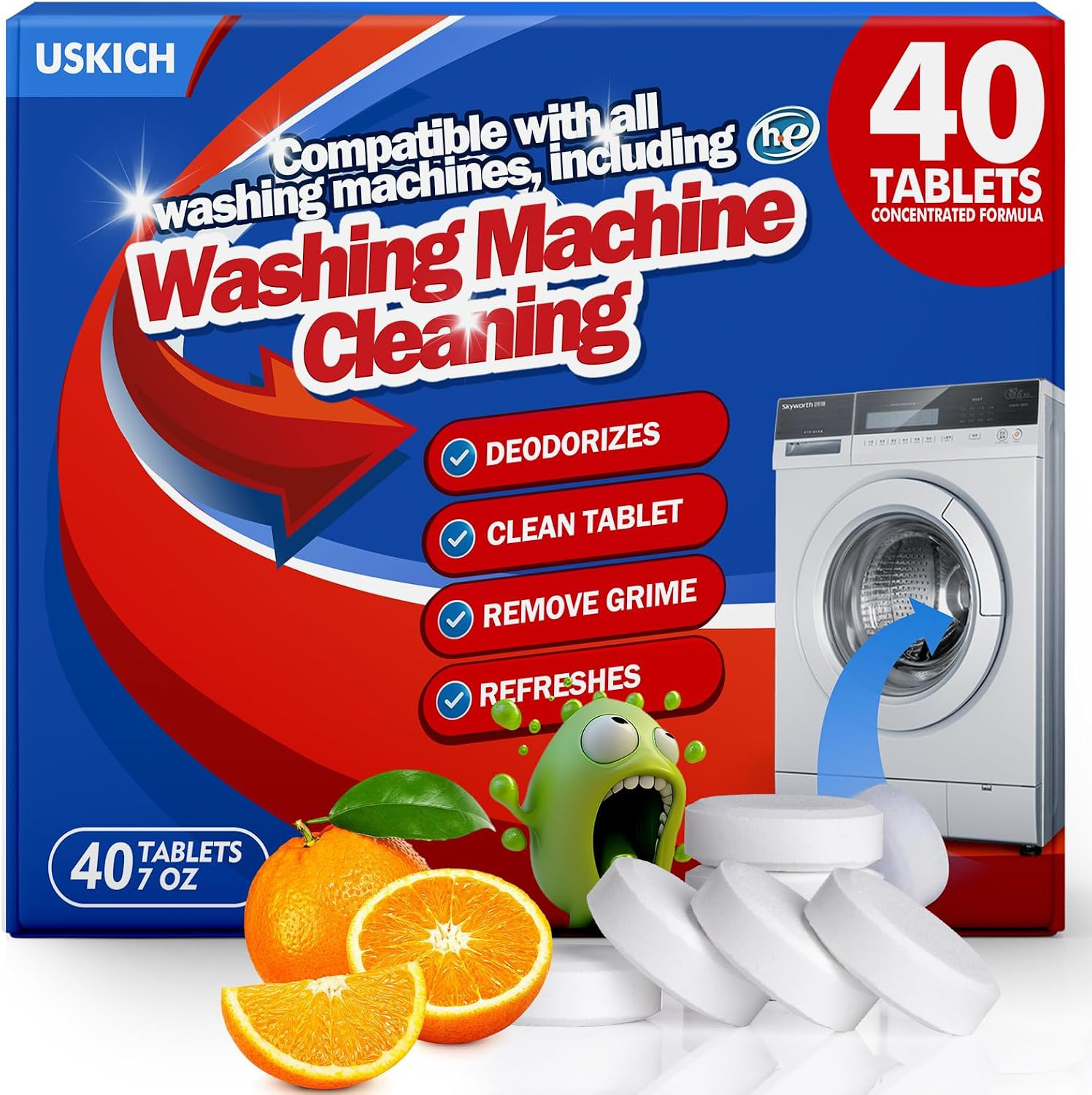 USKICH 40 Pack Washing Machine Cleaner Tablets,Deep Cleaning Descaler for HE Fro