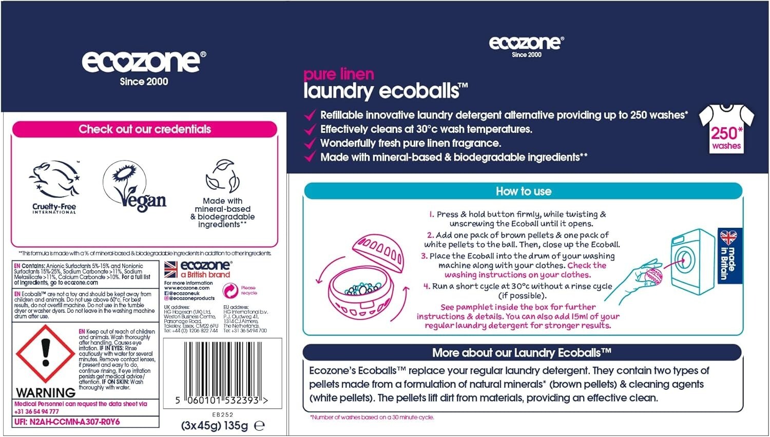 Ecozone Laundry Ecoball™ 250 Pure Linen Fragrance Vegan Packaging FREE