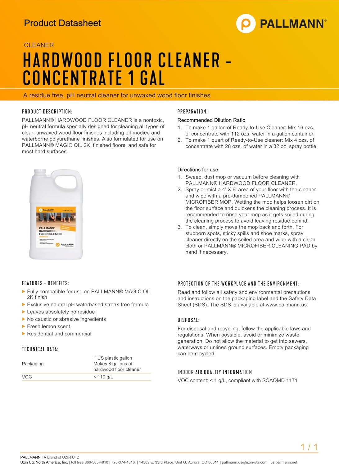 Hardwood Floor Cleaner Concentrate 1 Gallon – Makes 8 Gallons of Cleaner – Water