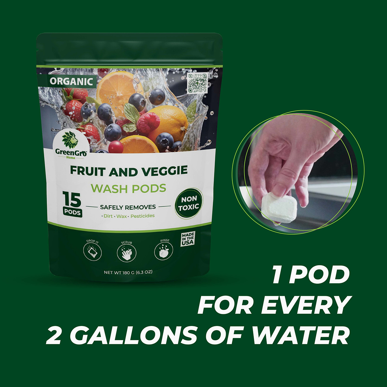 Fruit & Veggie Wash Pods – 1 Pouch (15 Pods) by GreenGro Biologicals