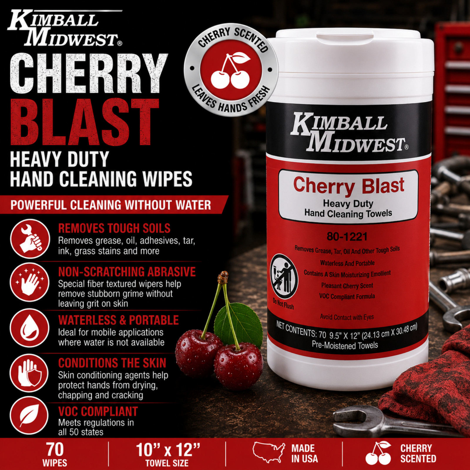 Kimball Midwest 80-1221 Cherry Blast Heavy Duty Hand Cleaning Wipes 70 Count
