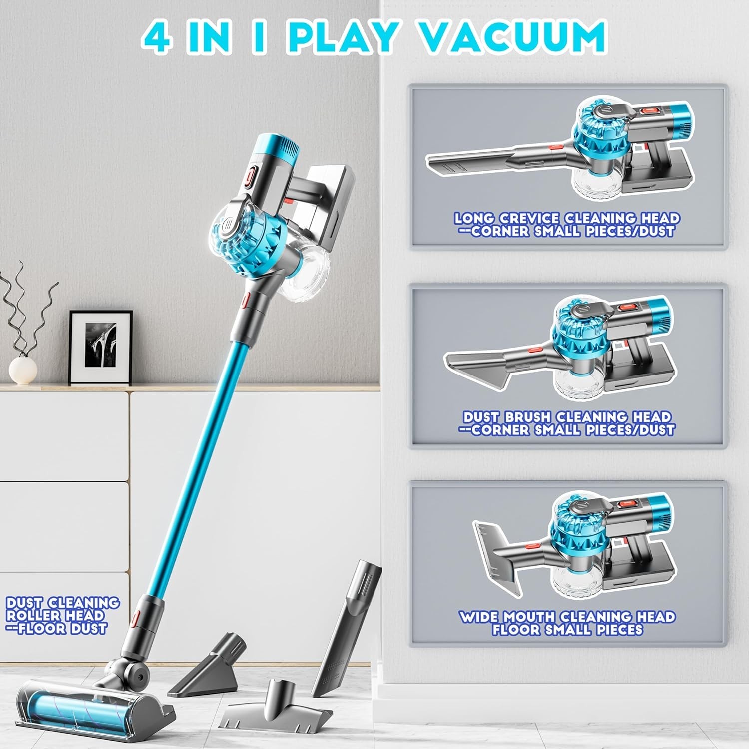 Kids Toy Vacuum Cleaner Set with Real Suction and Light, 4-in-1 Pretend Play