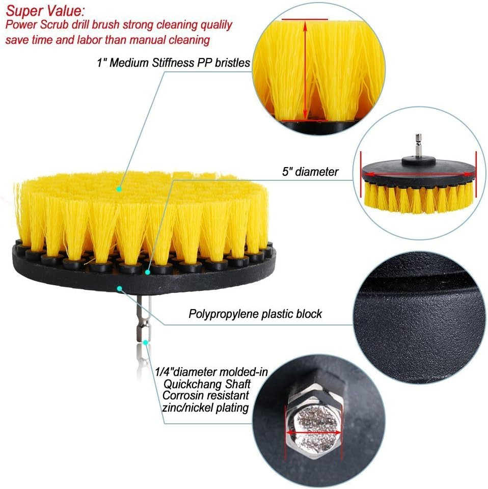 5In 3 Piece Soft, Medium and Stiff Power Scrubbing Brush Drill Attachment for Cl