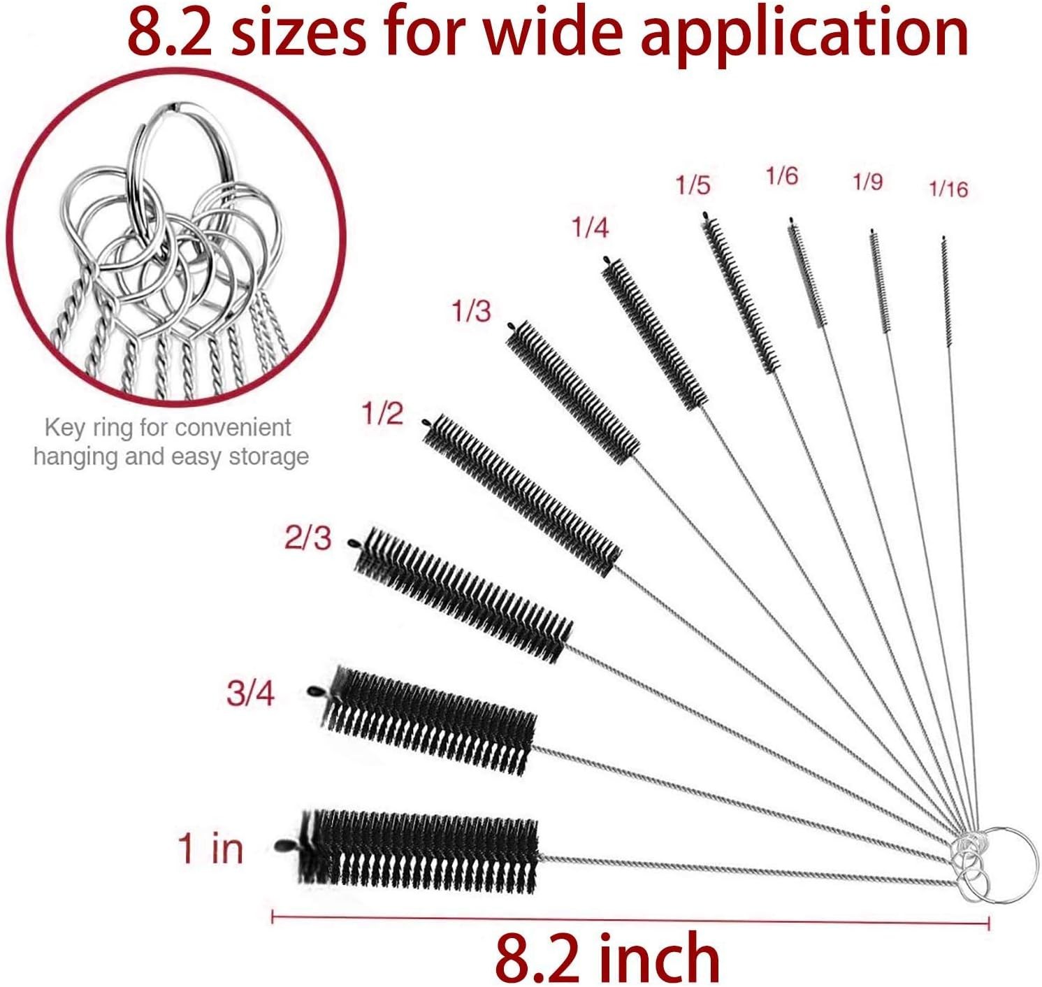 Long Straw Brush, Nylon Pipe Tube Cleaner 8.2-ihch 10 Different Diameters Set of