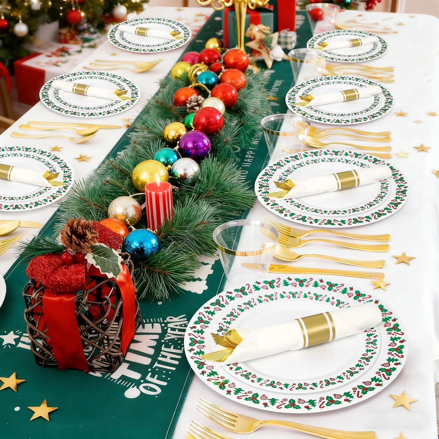 350pcs Christmas Disposable Plates & Cutlery Set – Plastic Plates, Tree Design