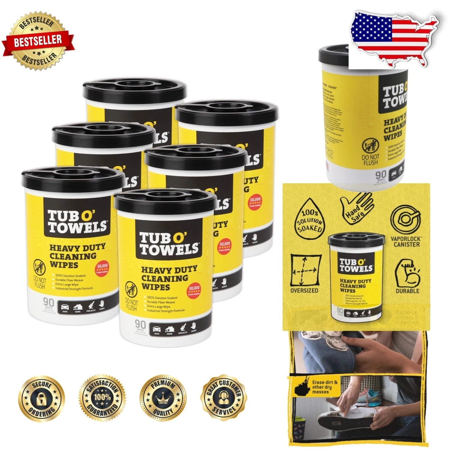 Heavy Duty Cleaning Wipes 10″x12″ 90ct 6pk – Tough Stain Remover, Gentle Skin