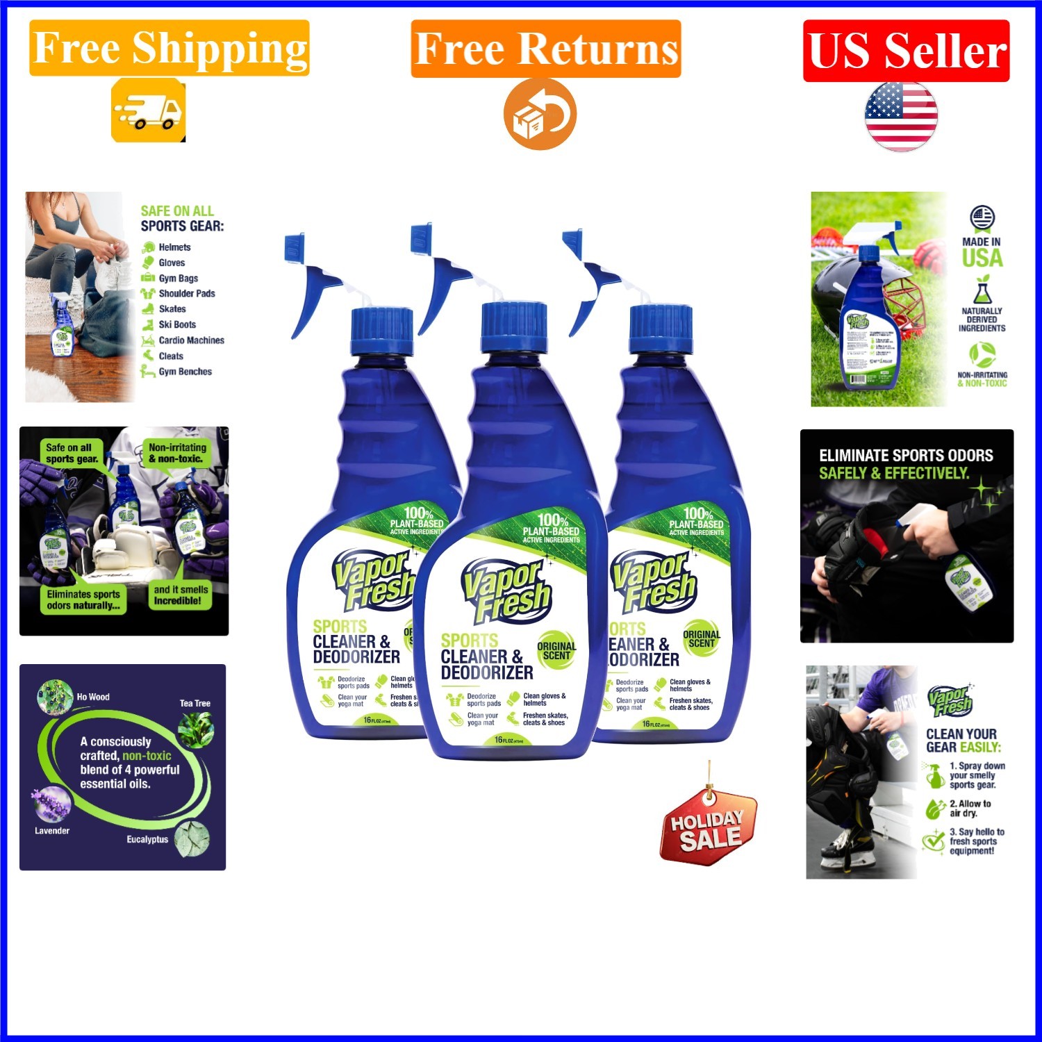 Sports Cleaner & Deodorizer Spray for Gym & Sports Equipment, 16 fl oz (3-Pack)