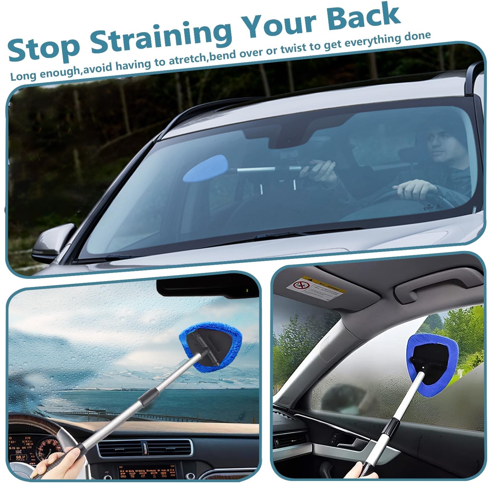 Car Windshield Cleaning Tool Kit – Expandable Window Cleaner w/ 4 Microfiber Pad