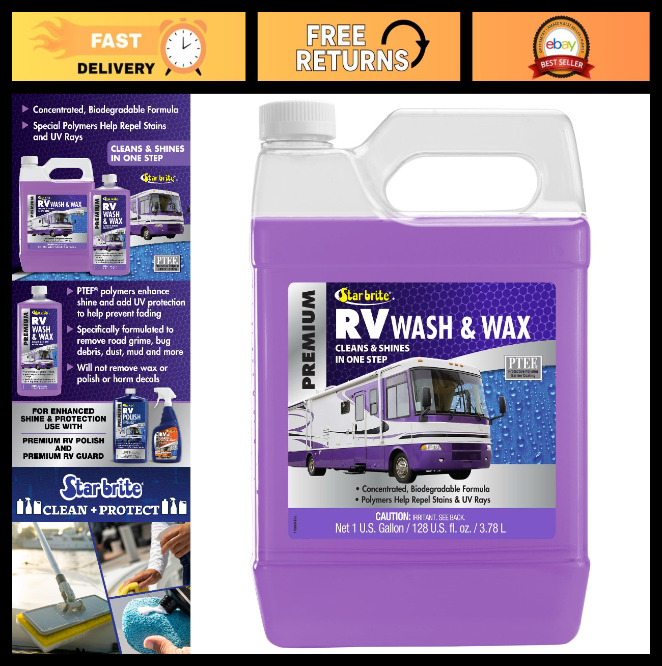 Concentrated RV Wash & Wax – Cleans, Shines, Protects UV Damage, 128 Oz