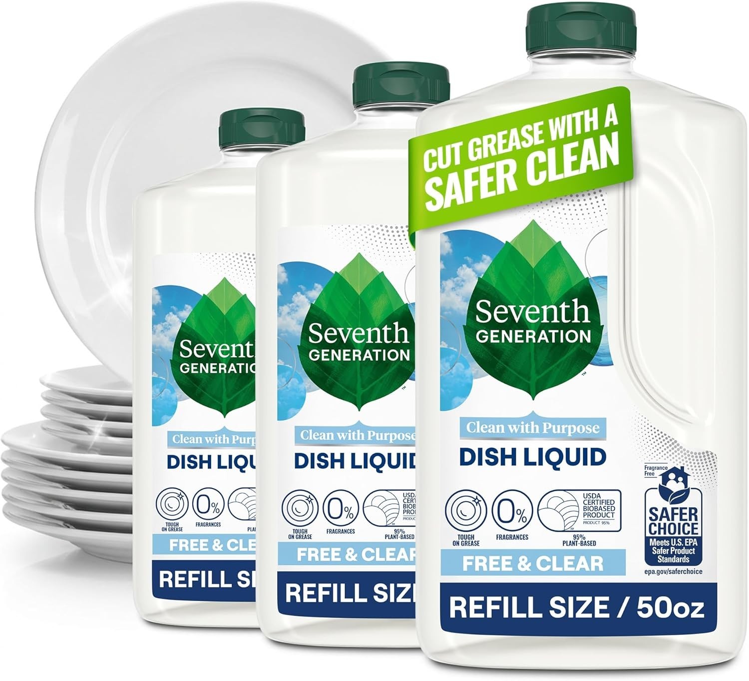 Seventh Generation Dish Soap Refill, Free & Clear, 50 fl oz, 3 Pack, Plant-Ba…