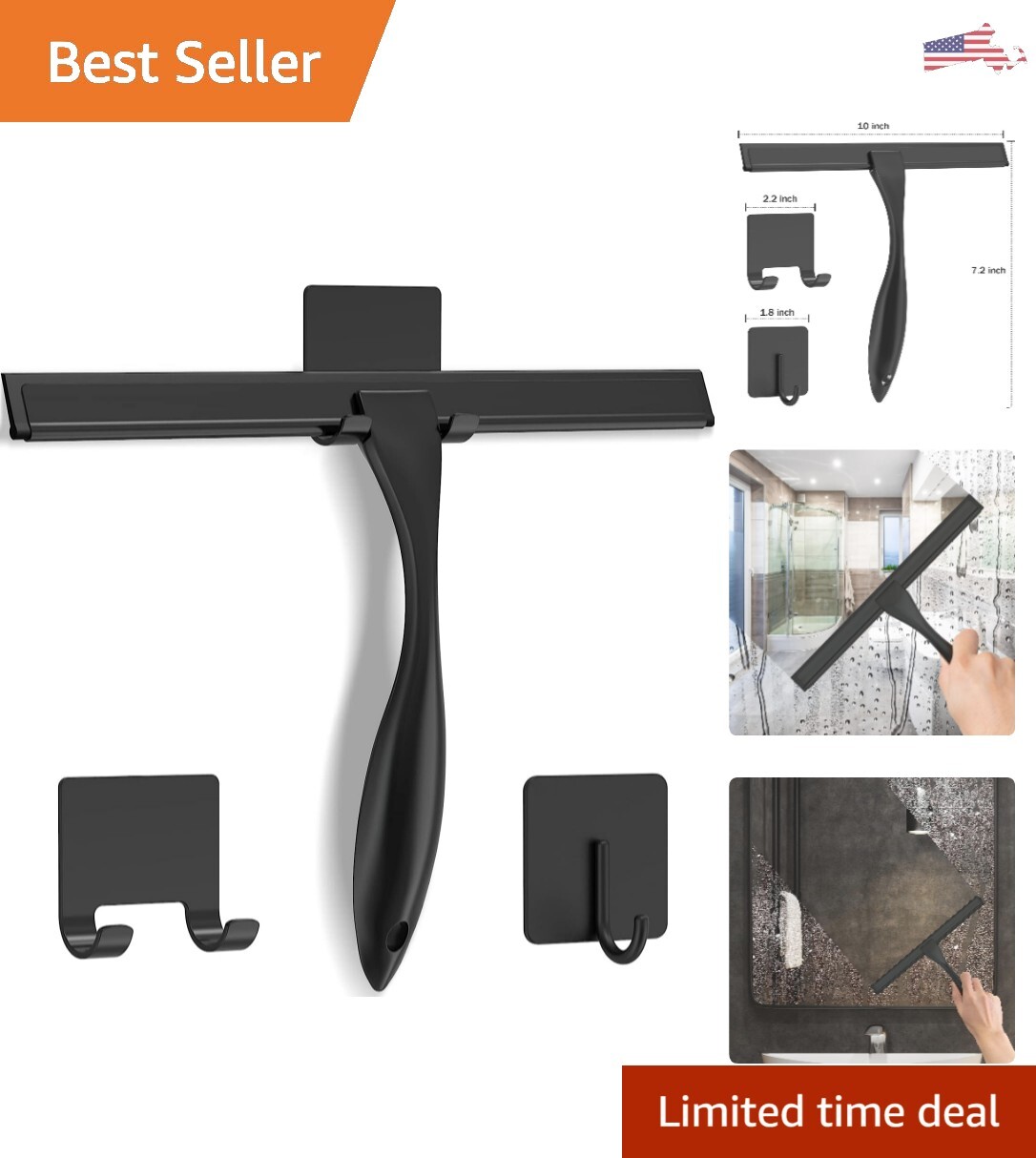 Sturdy All-Purpose Shower Squeegee – Premium Stainless Steel – 10 Inch Black