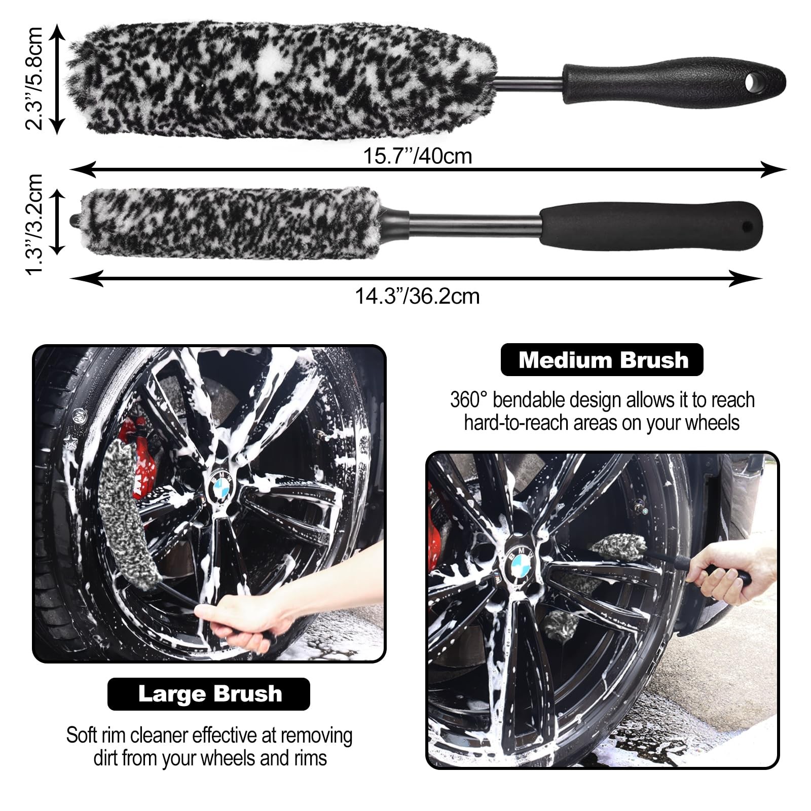 3PCS Wheel Brush Kit for Car Detailing Bendable Tire & Rim Cleaner Set
