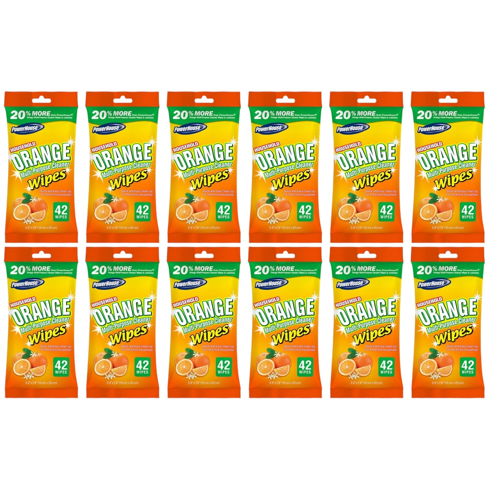 PowerHouse Household Orange Multi-Purpose Cleaner Wipes, 42 Wipes (Pack of 12)