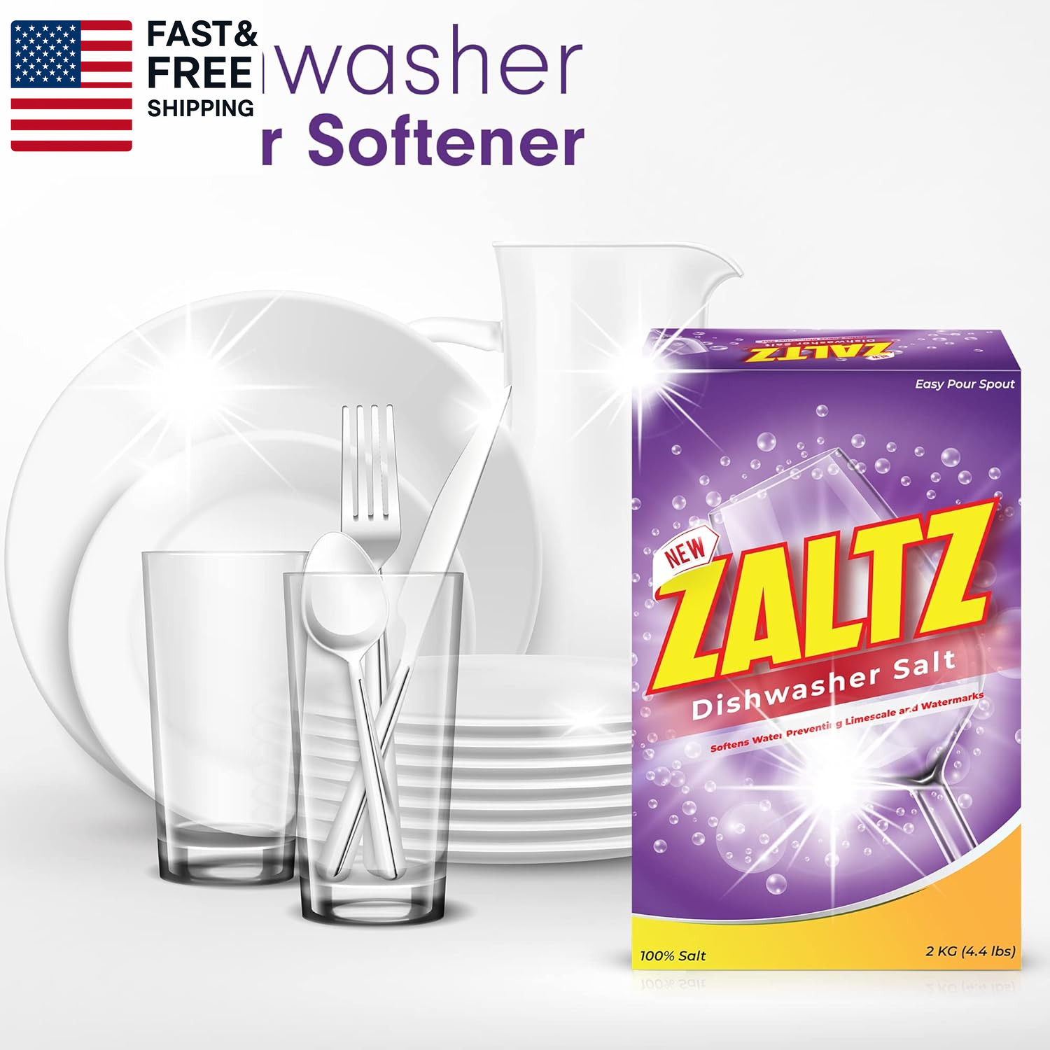 Zaltz Dishwasher Salt – Water Softener, Cleaner, Rinse Aid with Easy Pour Spout