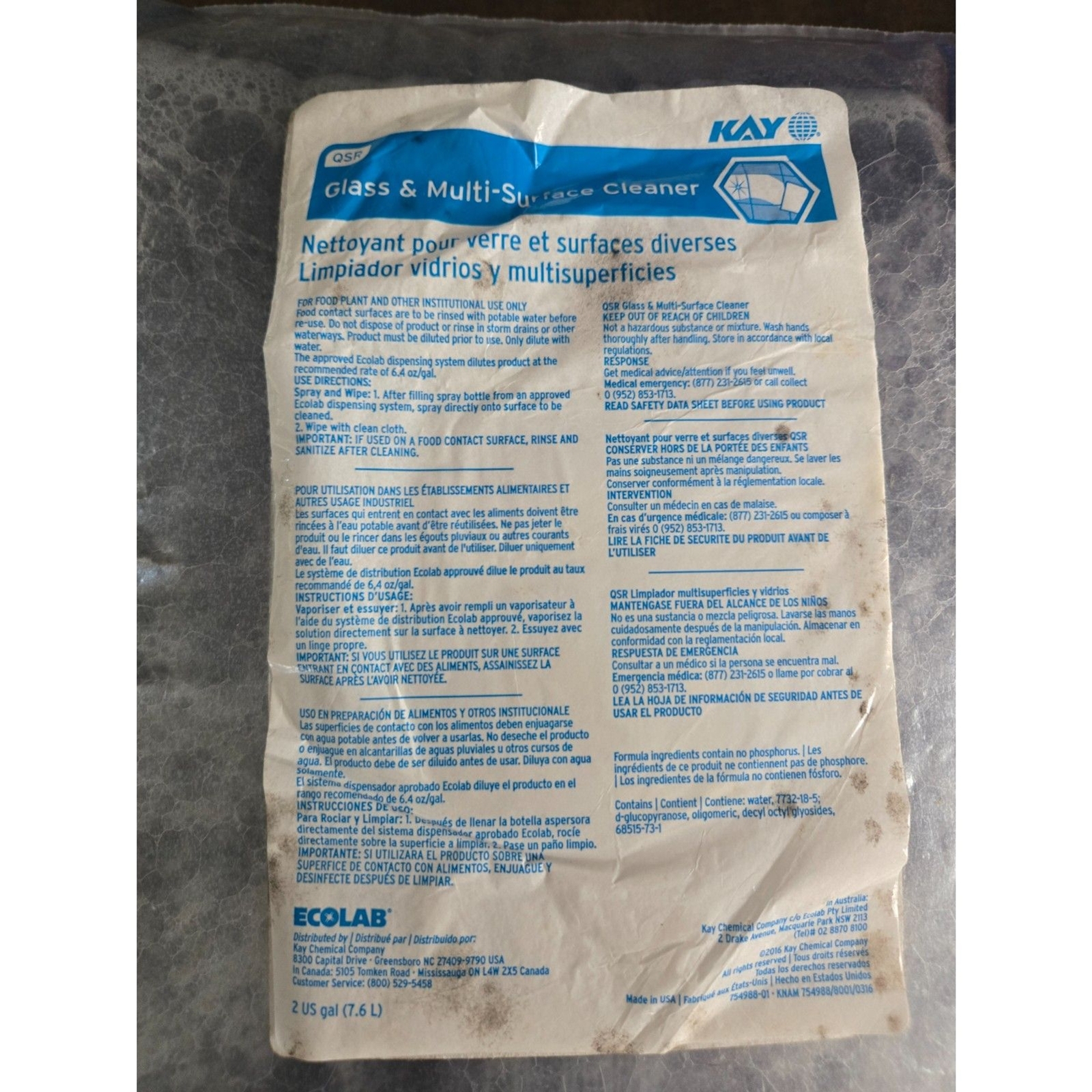 ECOLAB Kay QSR Glass & Multi-Surface Cleaner Refill Bag 2 Gallons-Unused