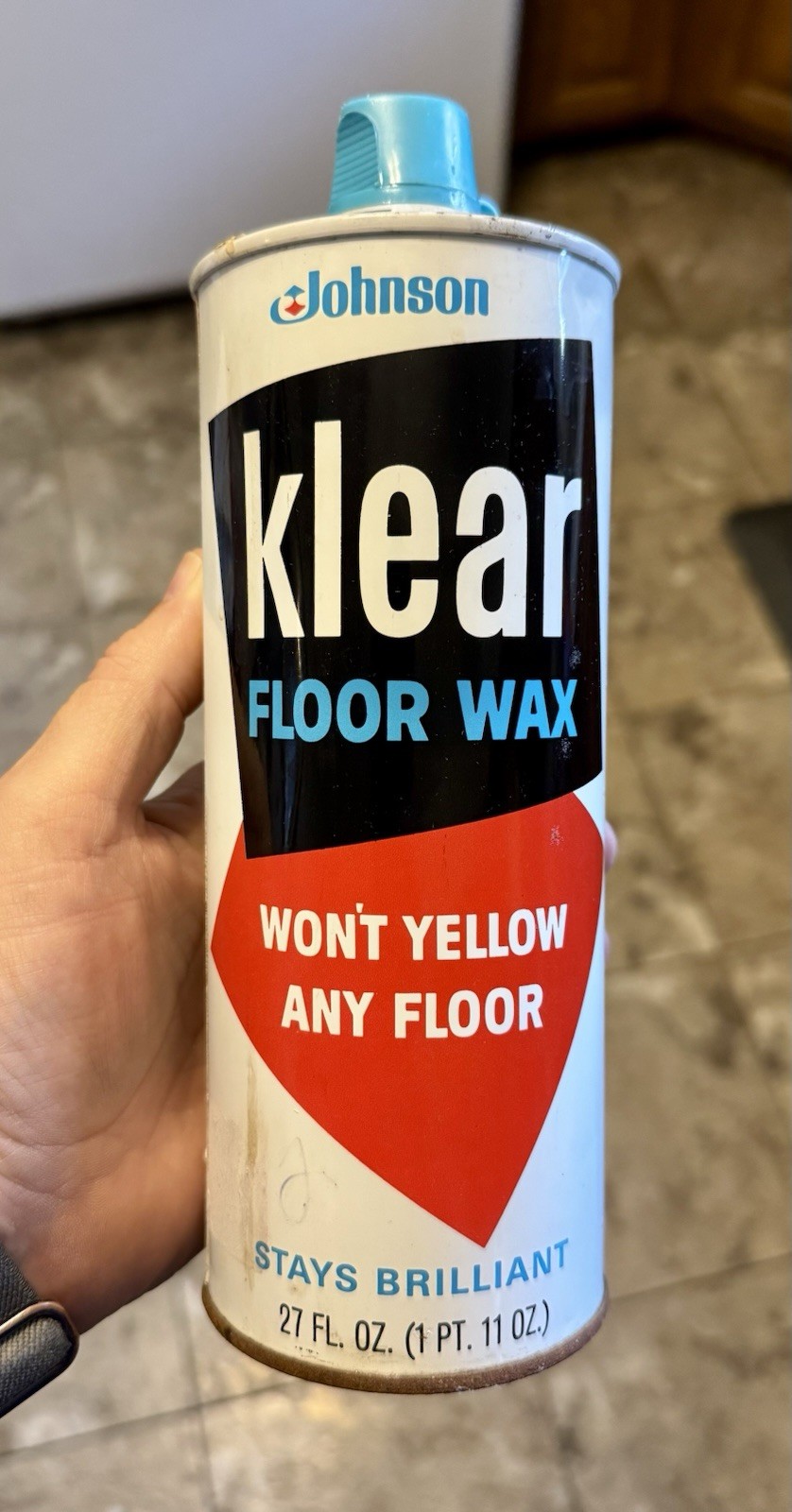 Vintage 1970’s Johnson Klear Floor Wax Tin Can 27oz. 75% Full Display Prop