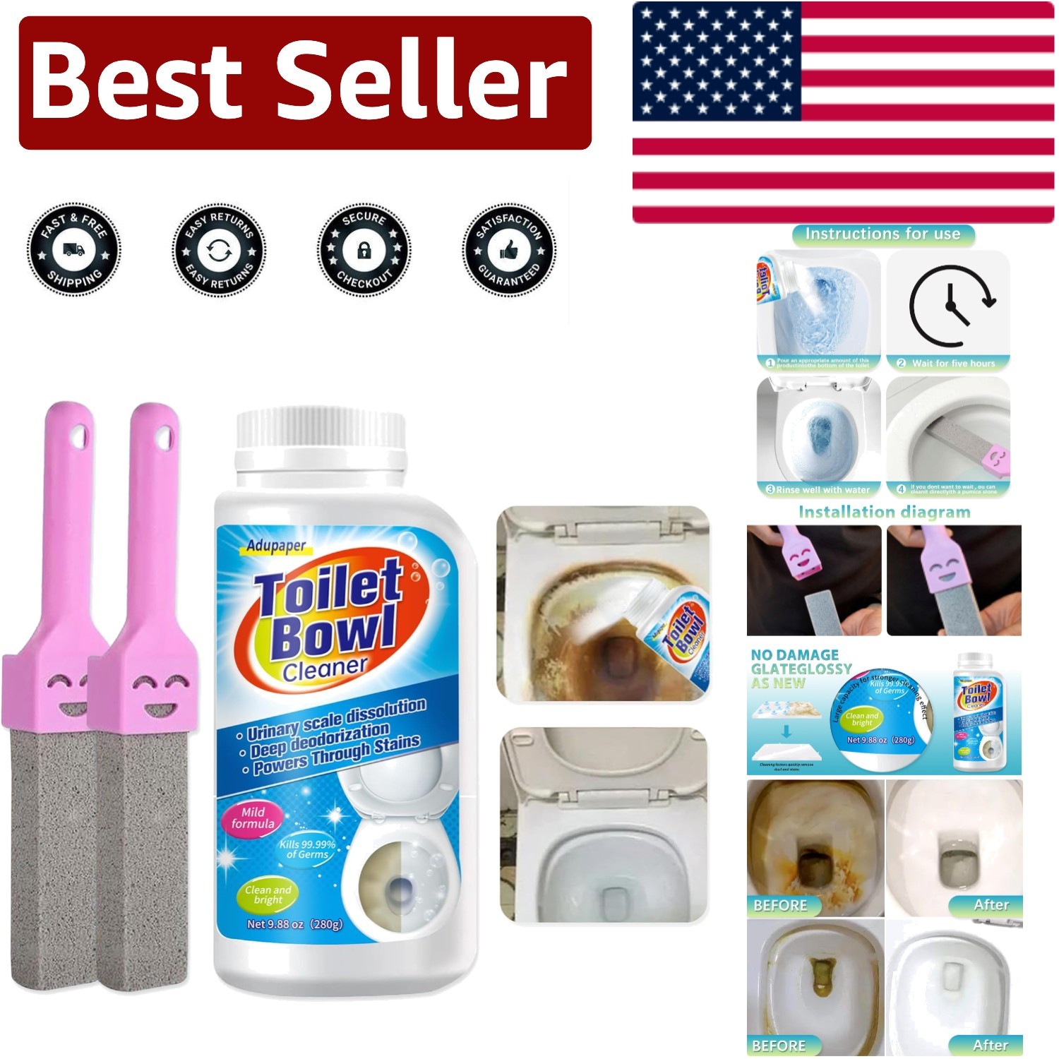 2-Pack Pumice Stone Toilet Cleaning Solution for Tough Stains & Calcium Buildup
