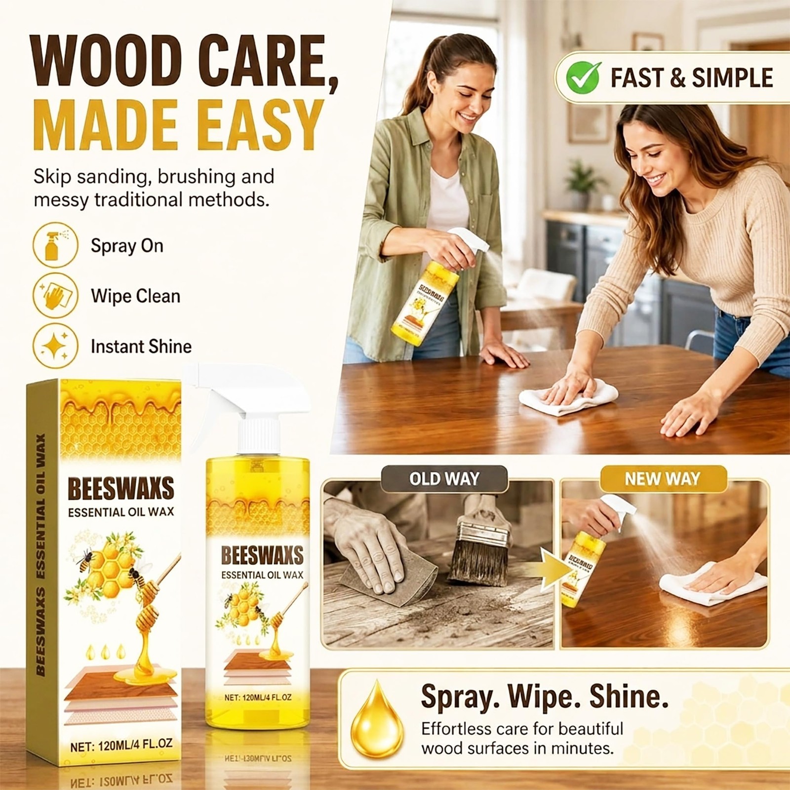 Natural Beeswax Wood Polish Spray with Sponge & Towel