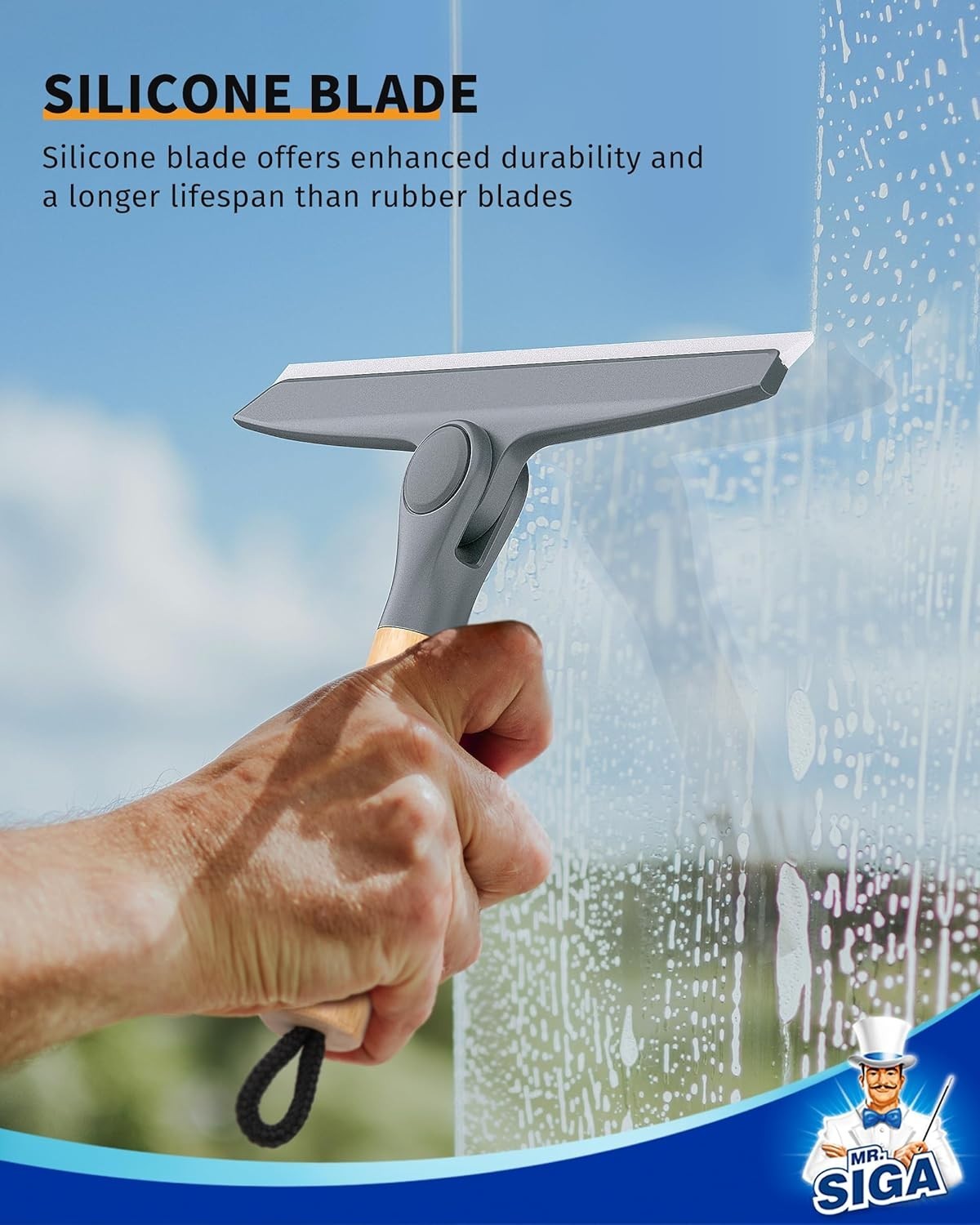 Modern Shower Squeegee with Bamboo Handle – Streak-Free, Suction Hook Included