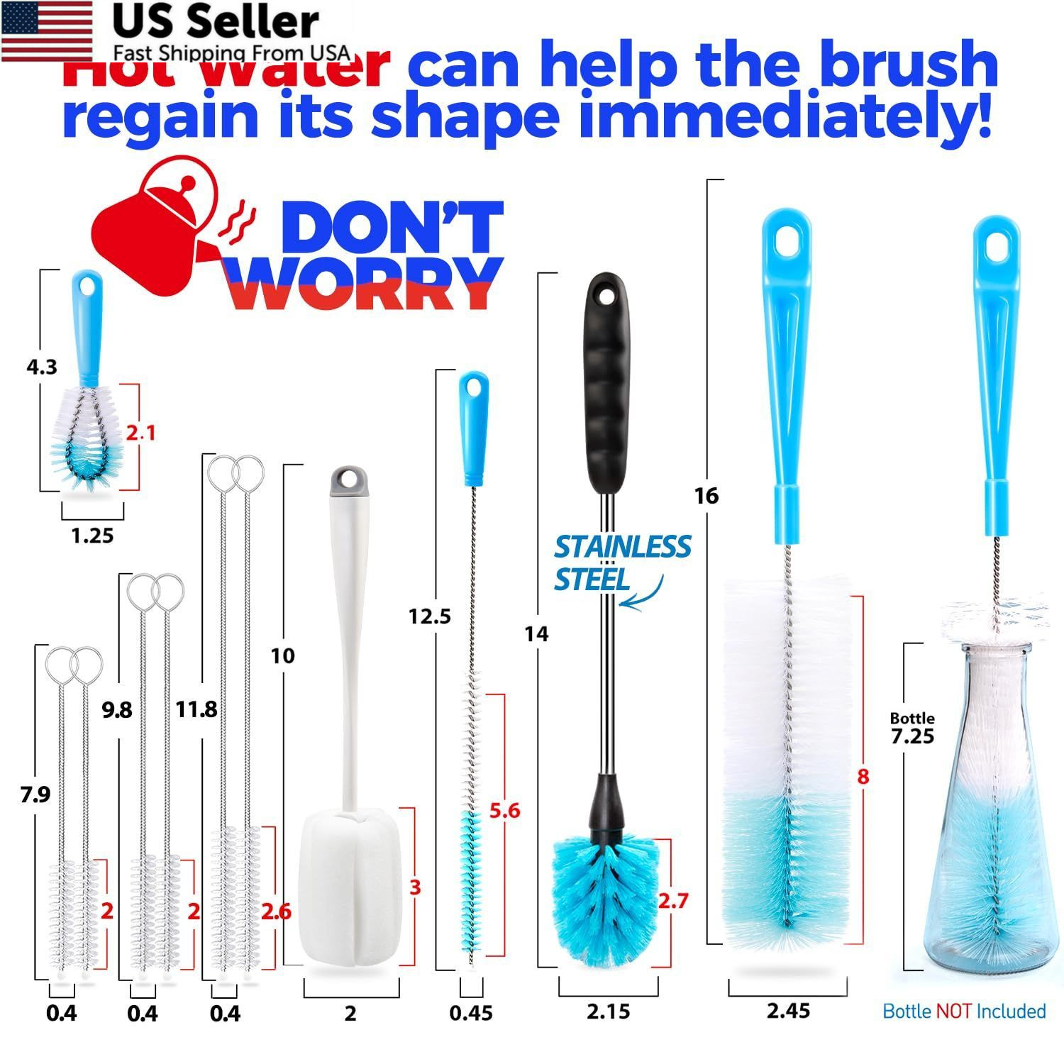 Holikme Bottle Brush Tube Cleaning Lab Set with Long Handle, 11 Pack, White