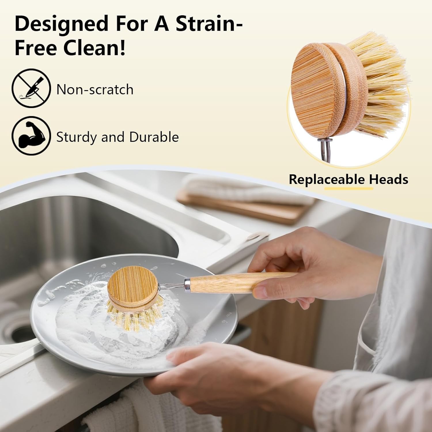 5 Pack Bamboo Dish Brush Set, Wooden Dish Brush with 14’’ Bottle Brush, Natural