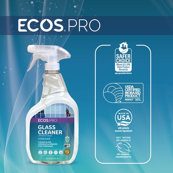 Ecos Pro Pl9300/6 Liquid Glass Cleaner, Clear, Vinegar, Trigger Spray Bottle, 6