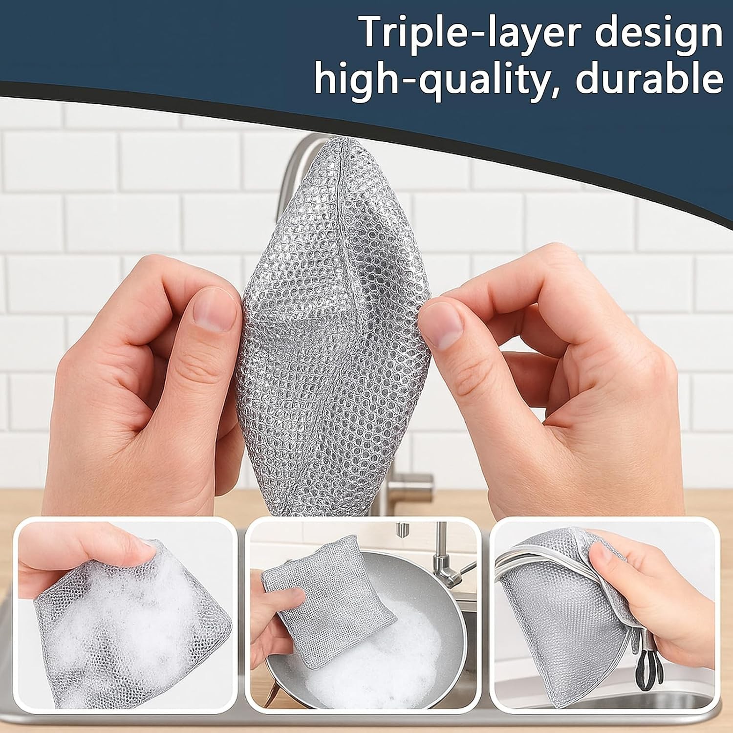 Odor-Free 3-Layer Stainless Steel Scouring Pad – 6PCS, For Effortless Cleaning