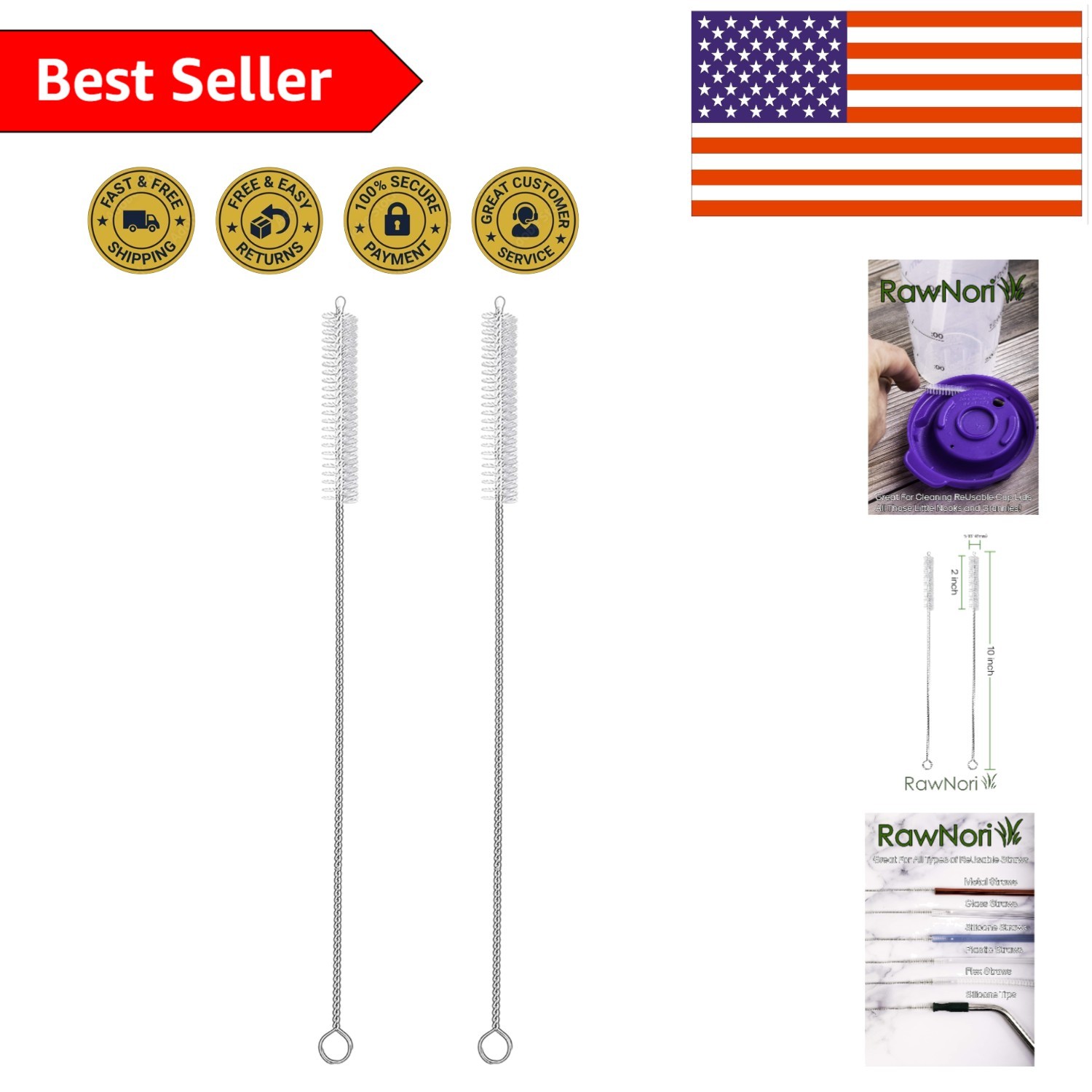 2 Eco-Friendly Stainless Steel Straw Cleaning Brushes – 10-Inch Bristle