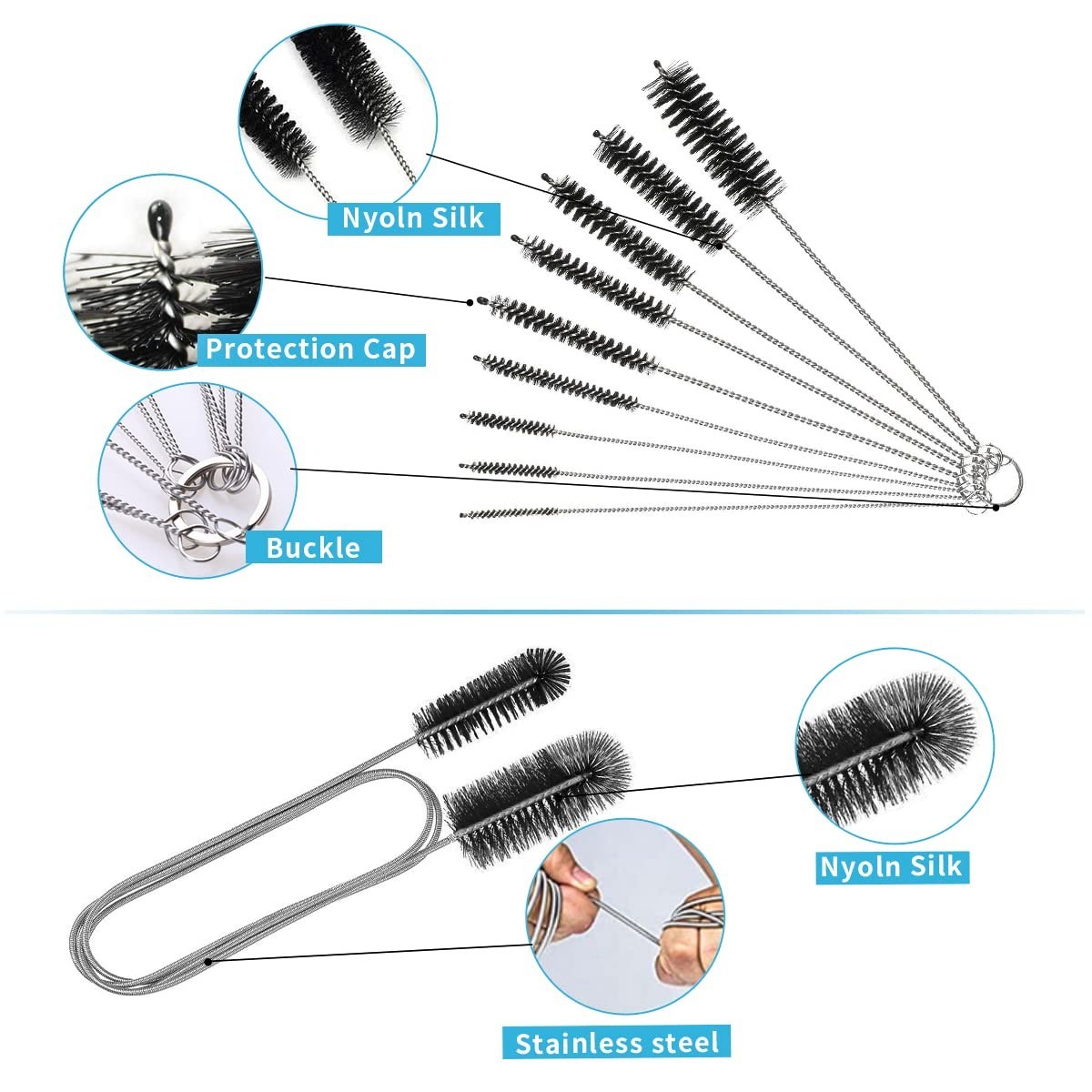 Double Ended Hose Brush, 8.2Inch Nylon CPAP Cleaner, 10Pcs, Black