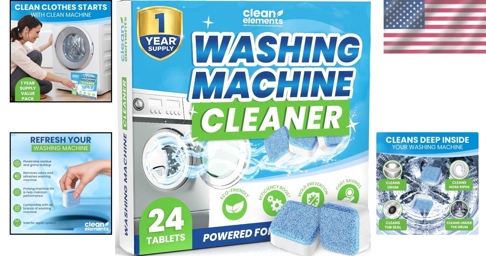 Washing Machine Cleaner Tablets – 24 Pack for a 12 Supply. Formulated for