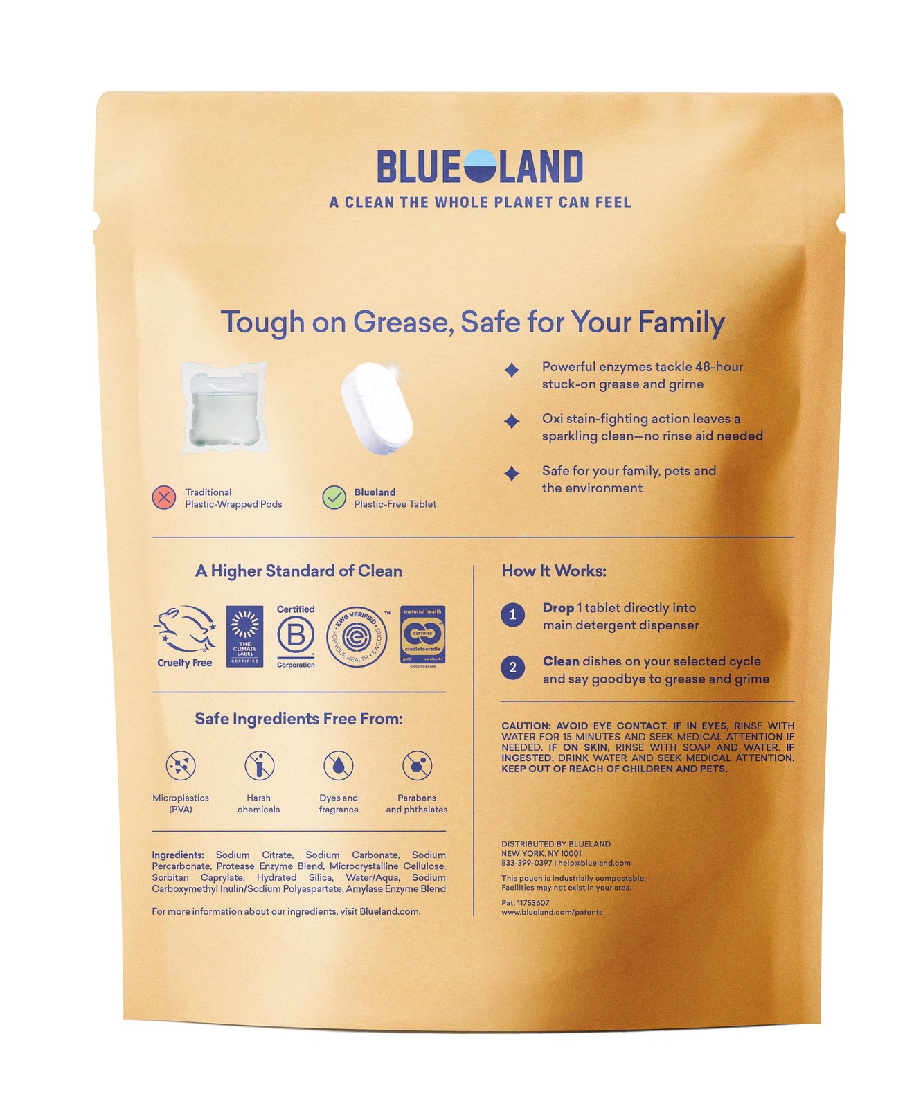 BLUELAND 100% Plastic-Free Dishwasher Detergent Tablets, 60 Count, Free & Clear,