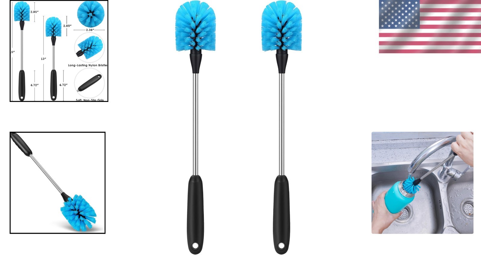 Non-Slip Grip Stainless Steel Brush for Water Bottles & Glassware – 15” Long