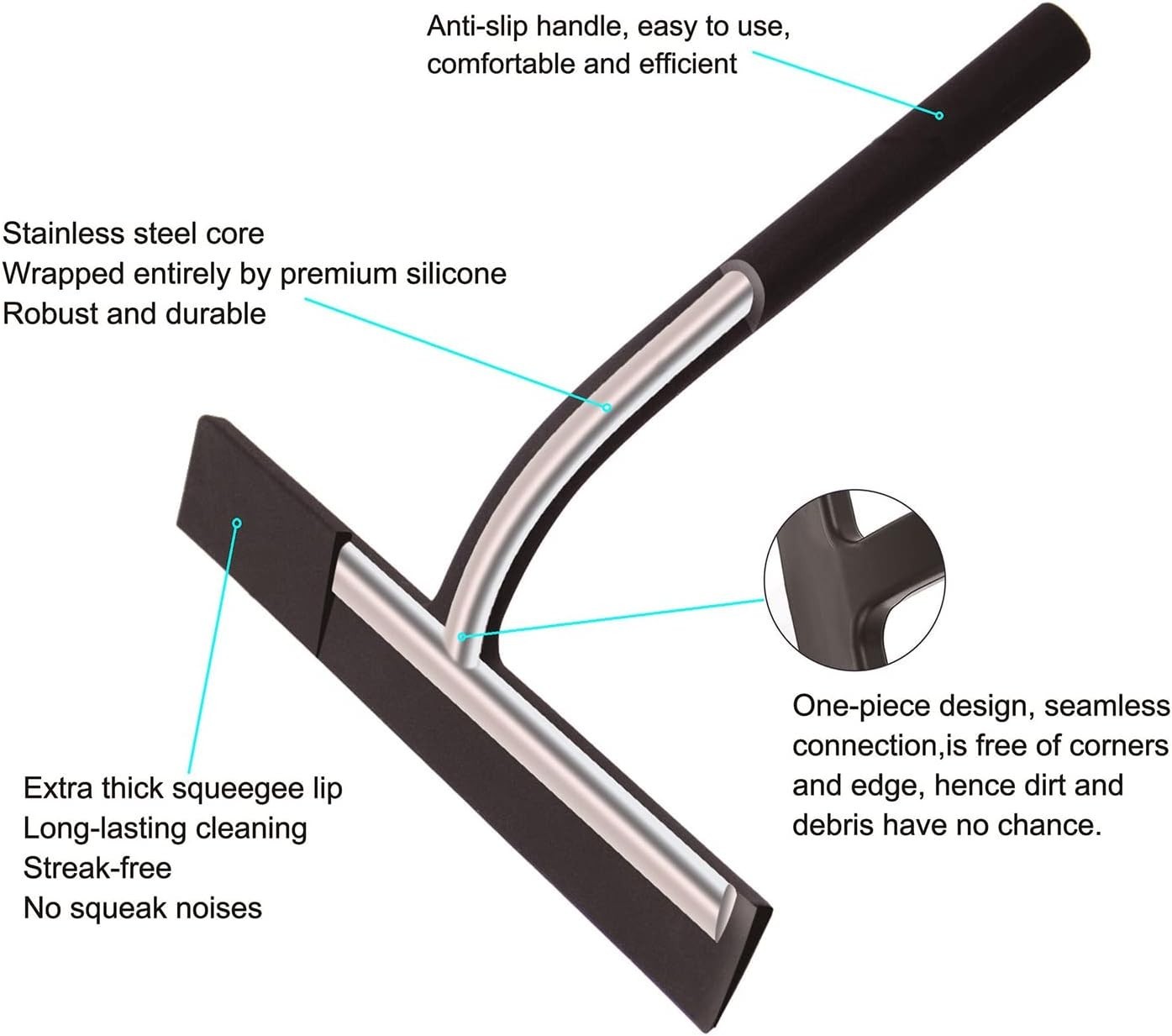 New Matte Black Silicone Squeegee Streak Free Cleaning Shower Squeegee (Pack 3)