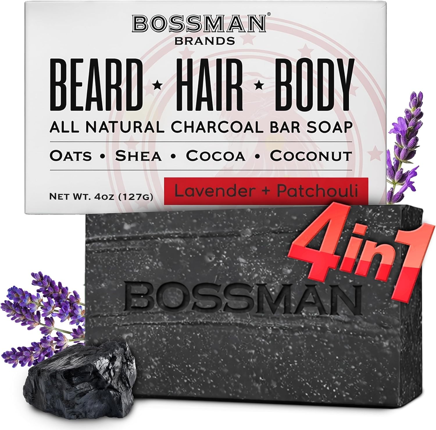 4-in-1 Charcoal Soap Bar (4 oz) – Bar Soap for Men – Beard Wash, Shampoo, Body