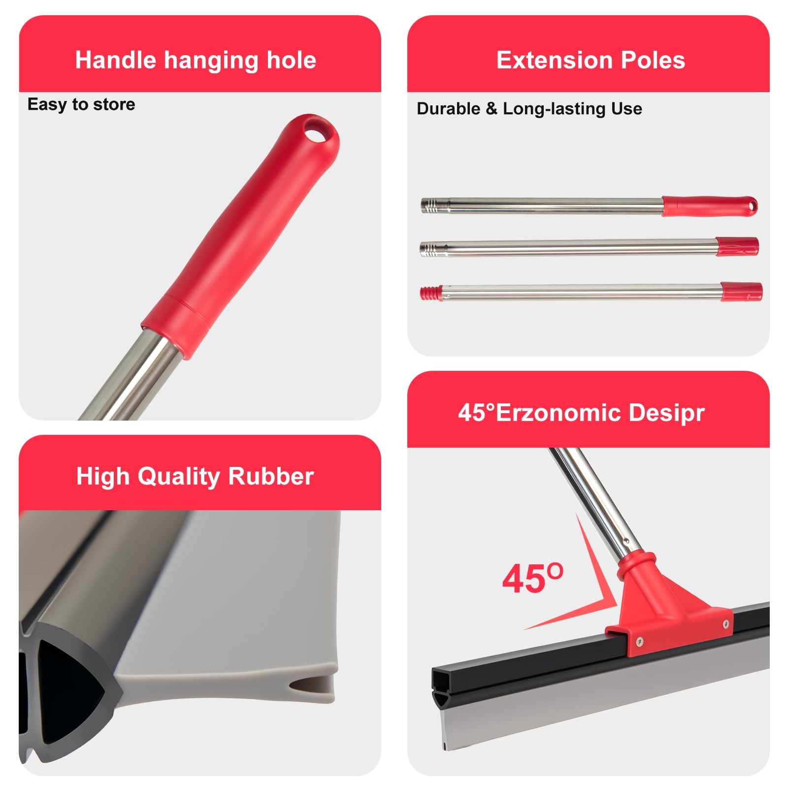 Heavy Duty Floor Squeegee Long Handle Bathroom Garage Shower Glass Tile Cleaning