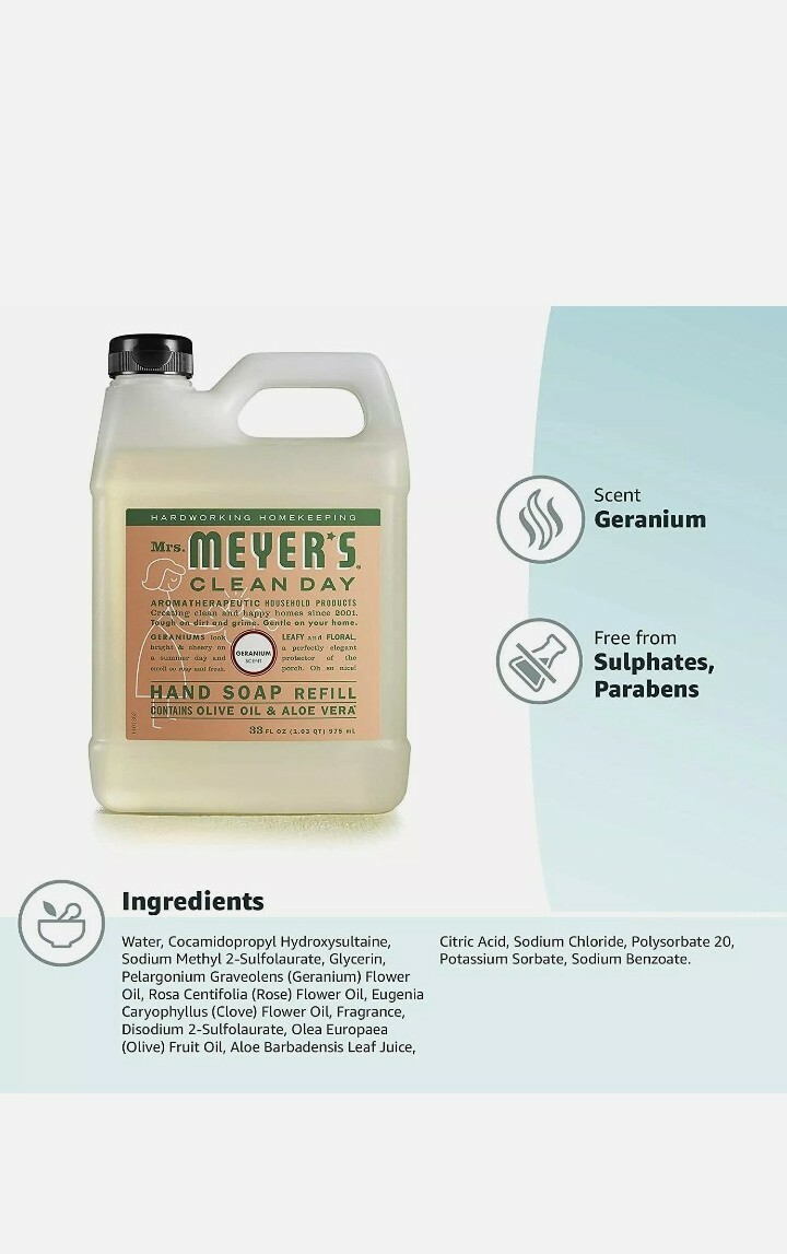 Mrs. Meyer’s Clean Day Liquid Hand Soap Refill, Cruelty Free Biodegradable 33oz