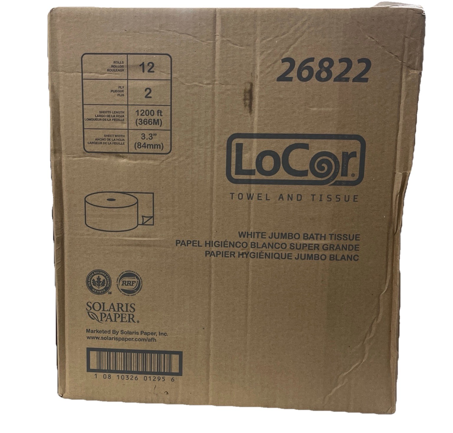 LoCor 26822 White Jumbo Bath Tissue 12 Rolls Per Box 2 Ply 3.3”x 1200ft