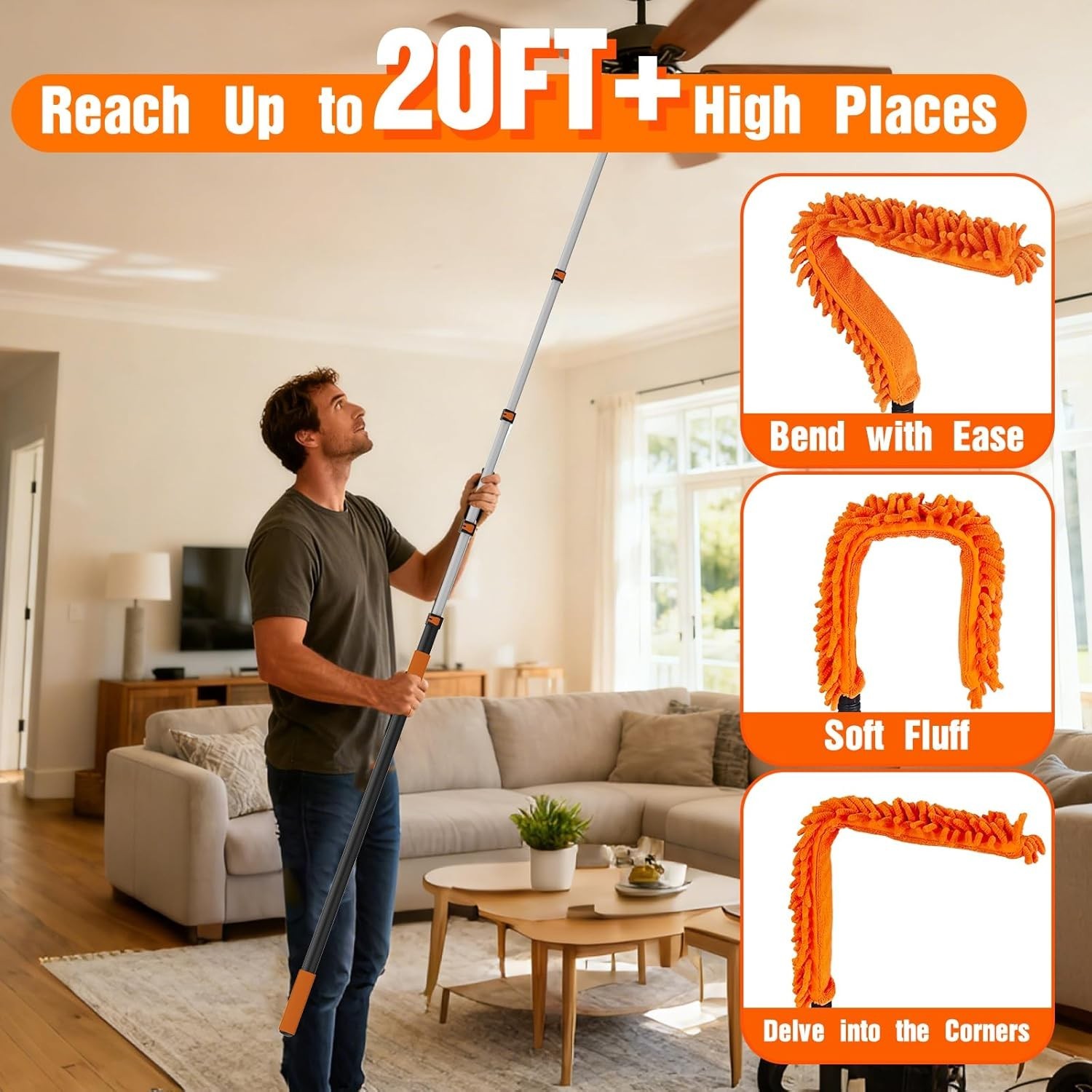 26FT Reach Duster Cleaner Kit, Dusters for Cleaning with Extension Pole, Baseboa