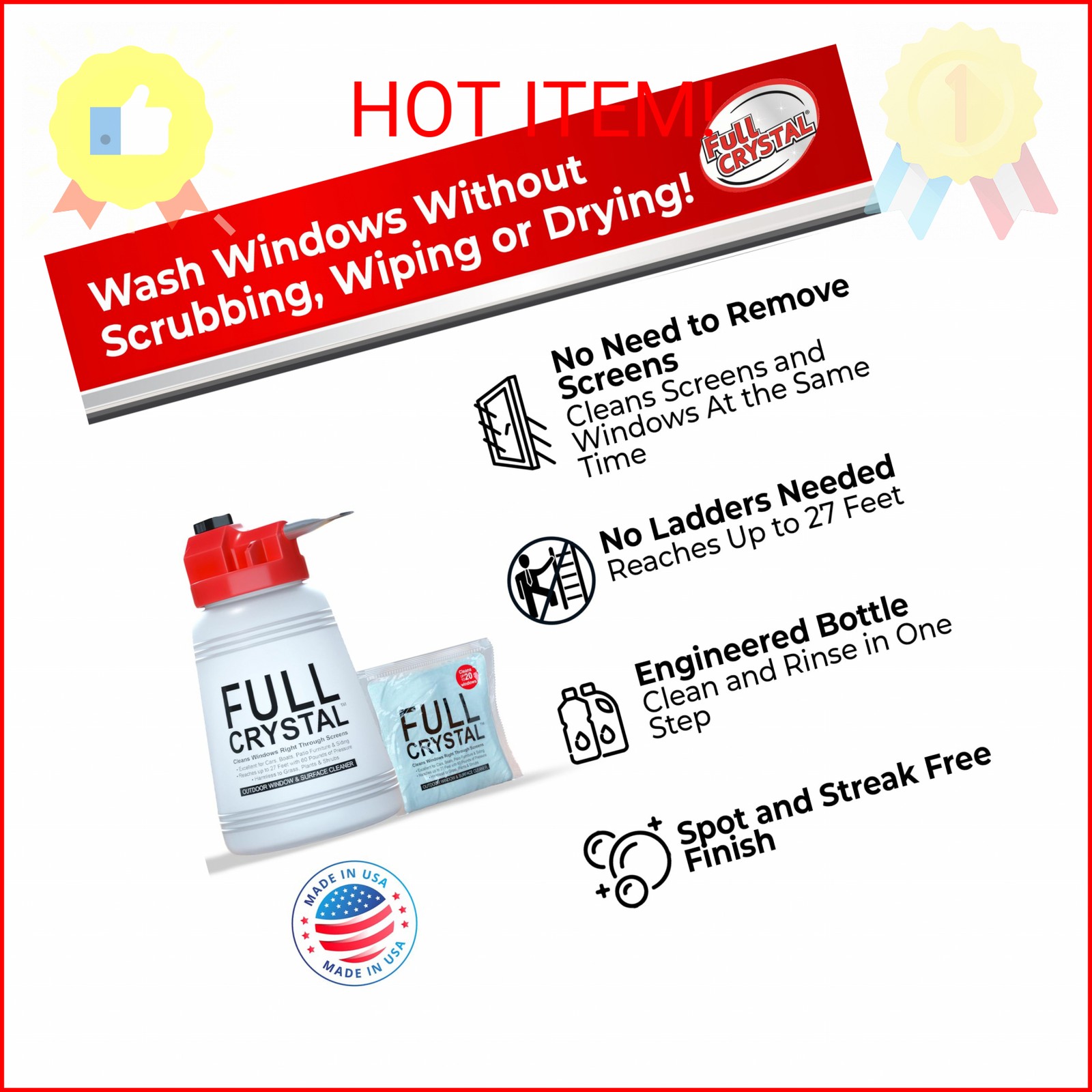 Full Crystal Window Cleaning Kit – 4 oz Glass Cleaner and Bottle with 27 ft Reac