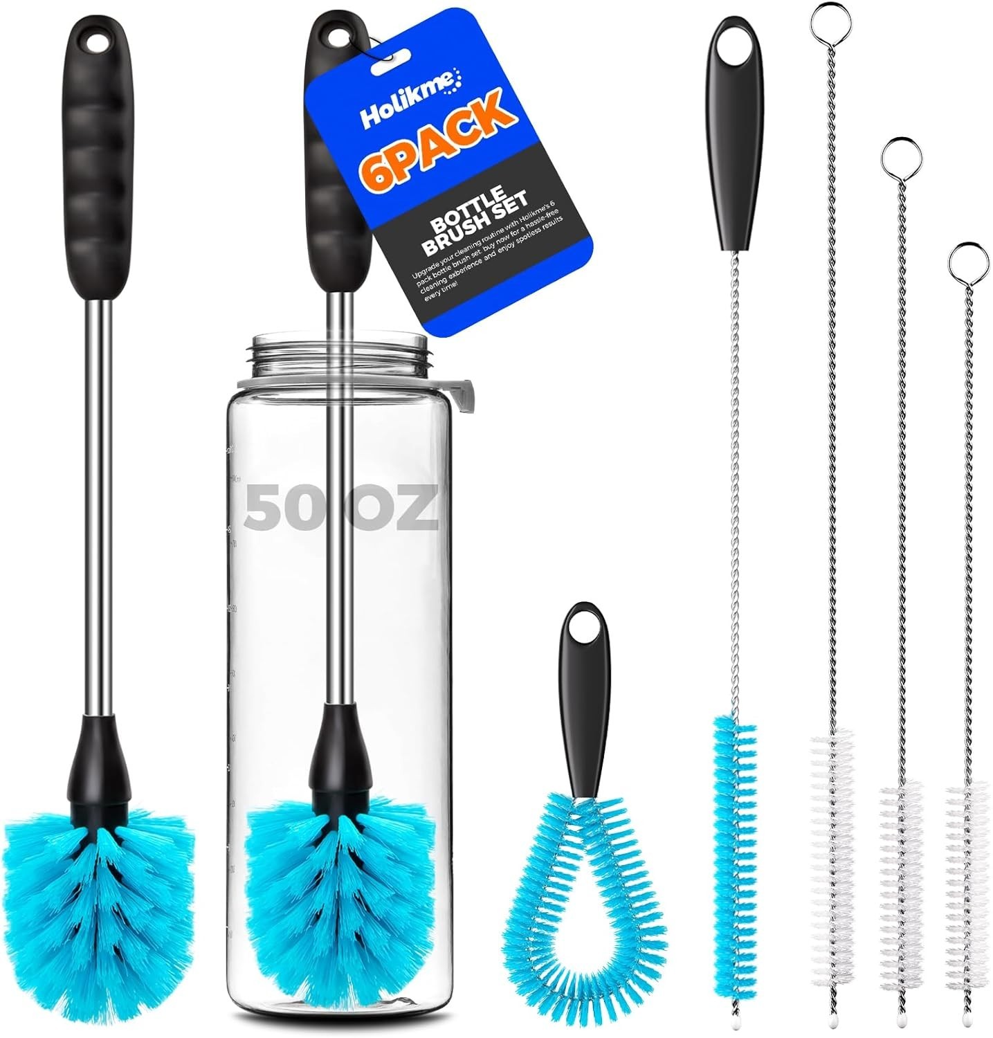 6 Pack Bottle Brush Set, 14.5″ Long Handle Stainless Steel Bottle Cleaner Bru…