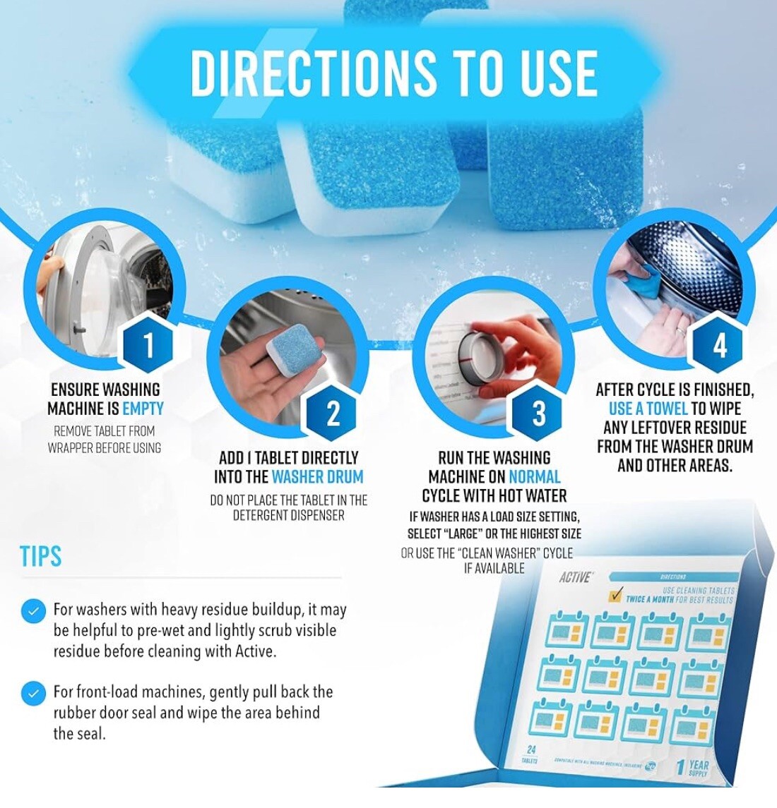 Active Washing Machine Cleaner Descaler – 24 Pack Front Loader & Top Load Washer