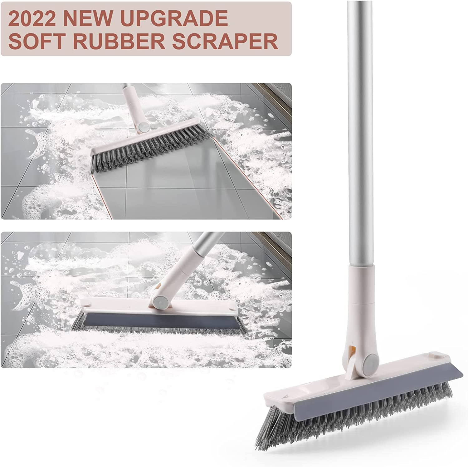Grout Brush with Long Handle, 2 in 1 Floor Scrub Brush with Squeegee, Shower Scr
