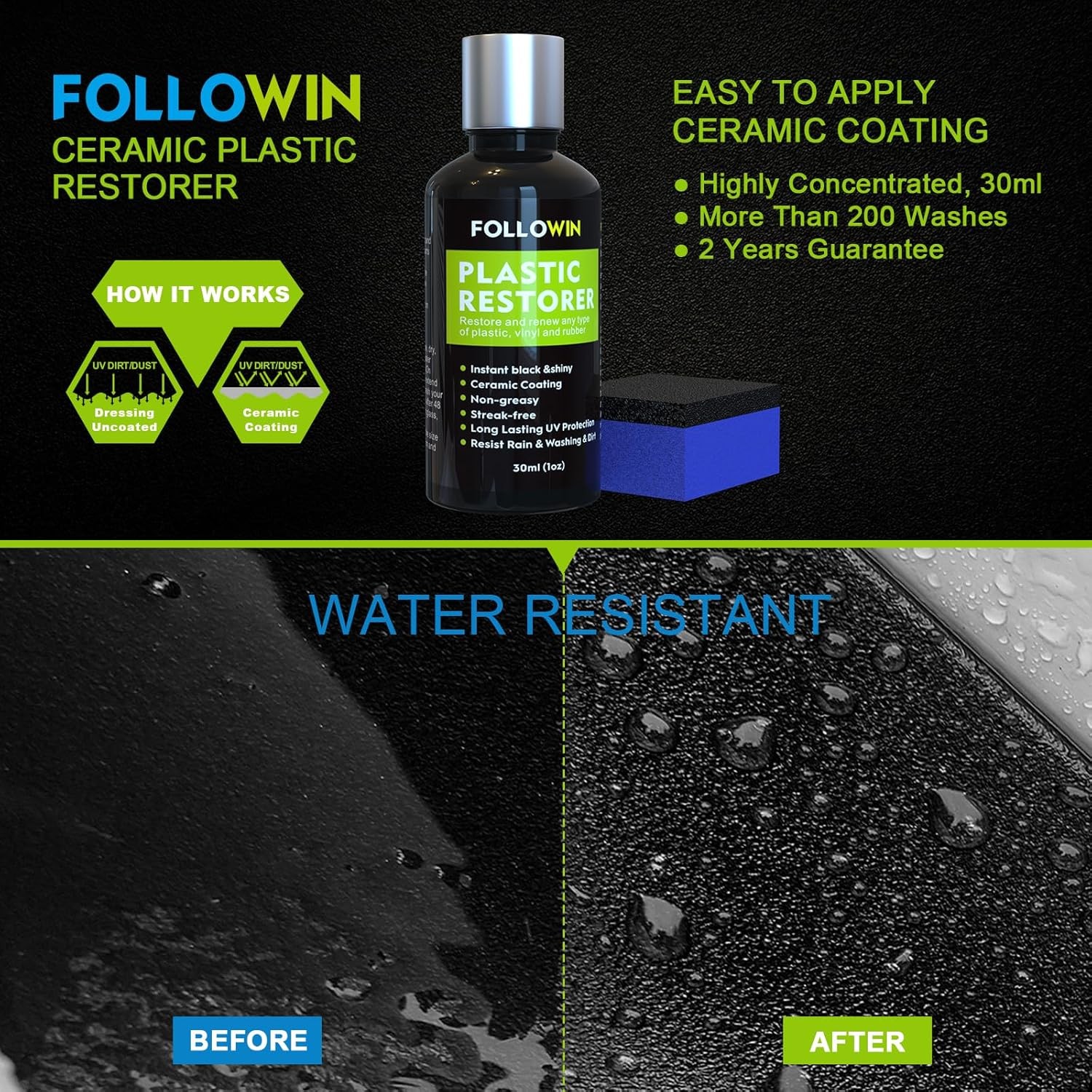 FOLLOWIN Plastic Restorer for Cars – Black Trim Restorer & Ceramic Coating, Resi
