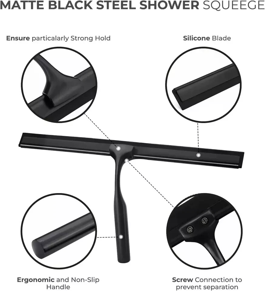 Matte Black Shower Squeegee for Glass Doors with Adhesive Hooks, Squeegee for Sh