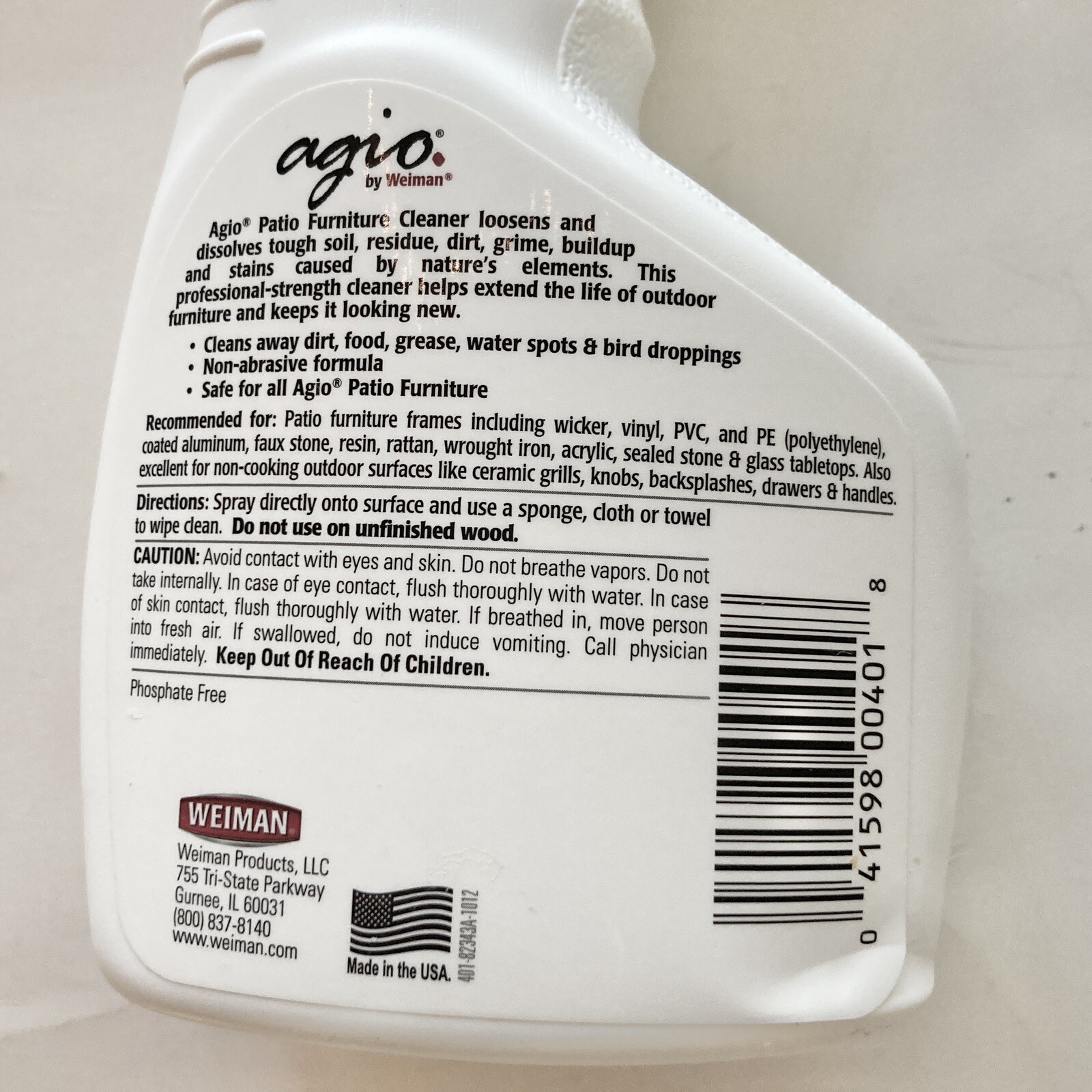Agio by Weiman Patio Furniture Cleaner Clean Stain Dirt Food Grease Discontinued